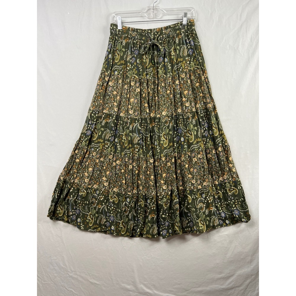 Bobbie Brooks Maxi Skirt Women Medium Olive Green Paisley Tiered Boho